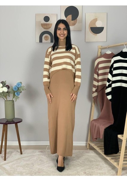 Kadın Çizgili Büyük Beden Kazaklı Elbise Taş Standart fırsatları