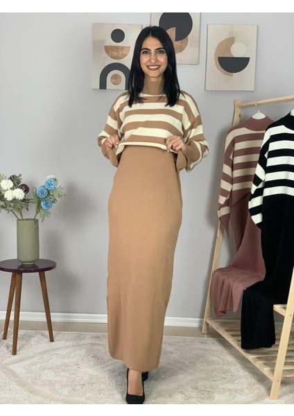 Kadın Çizgili Büyük Beden Kazaklı Elbise Taş Standart indirimleri