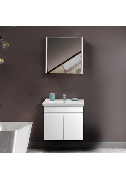 Venna 65 cm Beyaz %100 Mdf Lavabolu Banyo Dolabı, Aynalı Üst Dolap