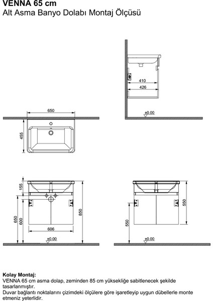 Venna 65 cm Beyaz %100 Mdf Lavabolu Banyo Dolabı, Aynalı Üst Dolap modelleri