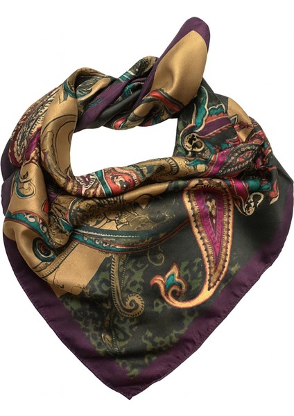 Mor Kenarlı Bohem Paisley Desenli Kare Fular