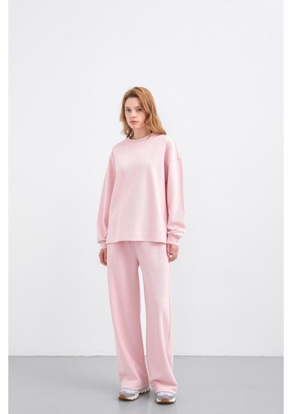 Pembe Kadın Oversize Pike Dokulu Bol Paça Alt-Üst Takım