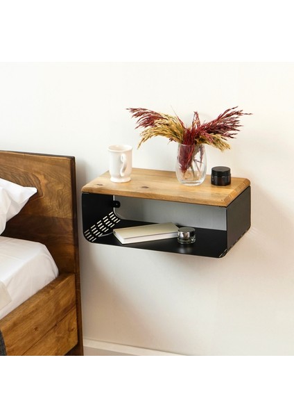 Ceviz Üstü Yüzer Metal ve Ahşap Organizer Komodin, Modern Yatak Odası Dekoru