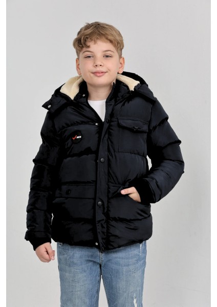 Erkek Çocuk Kışlık Yoğun Elyaf Dolum Iç Kısmı Polar Astarlı Kapüşonlu Erkek Mont Kaban