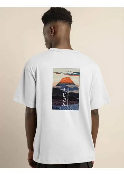 Unisex Bisiklet Yaka Baskılı Oversize T-Shirt - Beyaz fırsatları