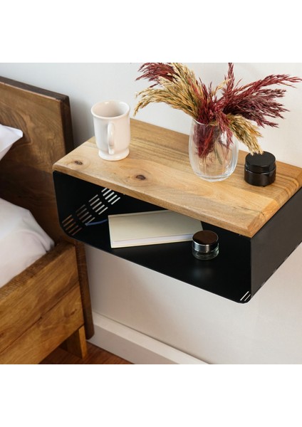 Ceviz Üstü Yüzer Metal ve Ahşap Organizer Komodin, Modern Yatak Odası Dekoru indirimleri