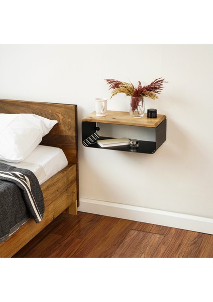 Ceviz Üstü Yüzer Metal ve Ahşap Organizer Komodin, Modern Yatak Odası Dekoru