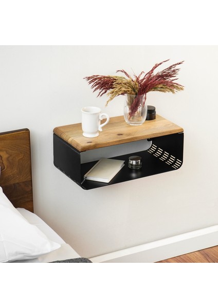 Ceviz Üstü Yüzer Metal ve Ahşap Organizer Komodin, Modern Yatak Odası Dekoru