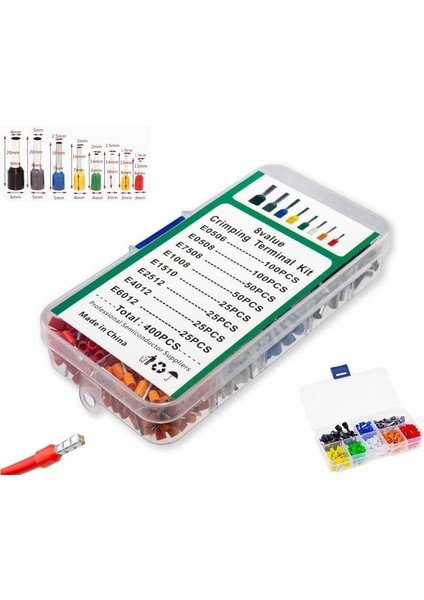 Hatfon 400 Adet Izoleli Kablo Pabucu Yüksük Seti 0,5MM²-6,00MM² 8 Çeşit Şeffaf Çantada