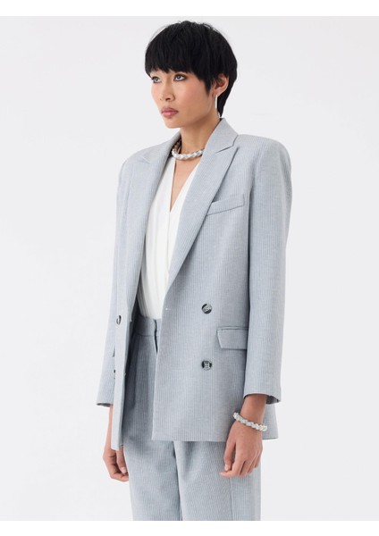 Oversize Kruvaze Kesim Ince Çizgili Ceket - Gri fiyatları
