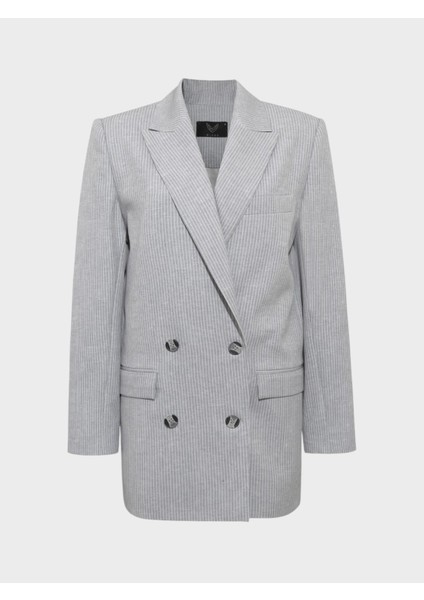 Oversize Kruvaze Kesim Ince Çizgili Ceket - Gri indirimleri