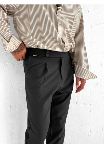 Erkek Ayarlanabilir Tokalı Pileli Kumaş Pantolon Siyah modelleri