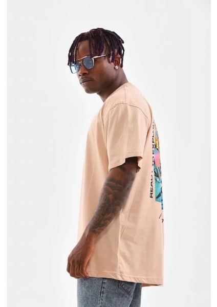 Unisex Bisiklet Yaka Baskılı Oversize T-Shirt - Bej modelleri