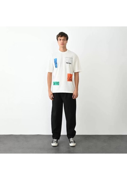 Unisex Bisiklet Yaka Baskılı Oversize T-Shirt - Beyaz