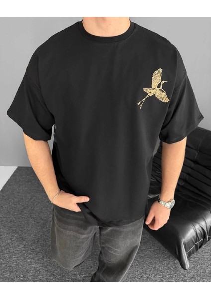 Ön ve Arka Baskılı Oversize Bisiklet Yaka T-Shirt - Siyah fiyatları