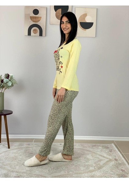 Kadın Kedi Motifli Leopar Desenli Pijama Takımı (Sarı) Sarı 2XL