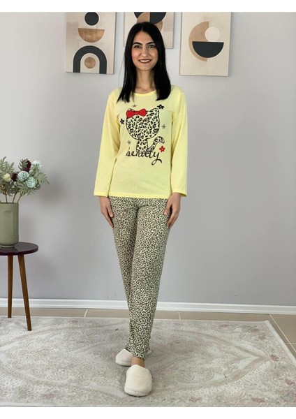 Kadın Kedi Motifli Leopar Desenli Pijama Takımı (Sarı) Sarı 2XL fiyatları