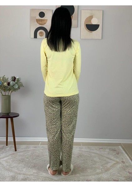 Kadın Kedi Motifli Leopar Desenli Pijama Takımı (Sarı) Sarı 2XL fırsatları