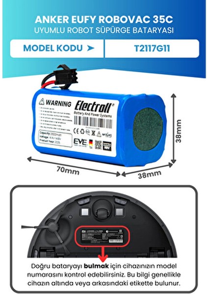 Eufy Robovac 12 Uyumlu 2600mah Lityum Batarya (Özgün Kapasite) Robot Süpürge Aksesuarı