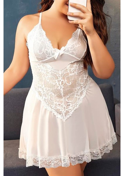 Arias Closet Büyük Beden Beyaz Dantel Işlemeli Ince Askılı Gecelik