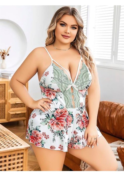 Arias Closet Büyük Beden Beyaz Üstüne Çiçek Desenli Dantel Işlemeli Ince Askılı Şort Gecelik fiyatları