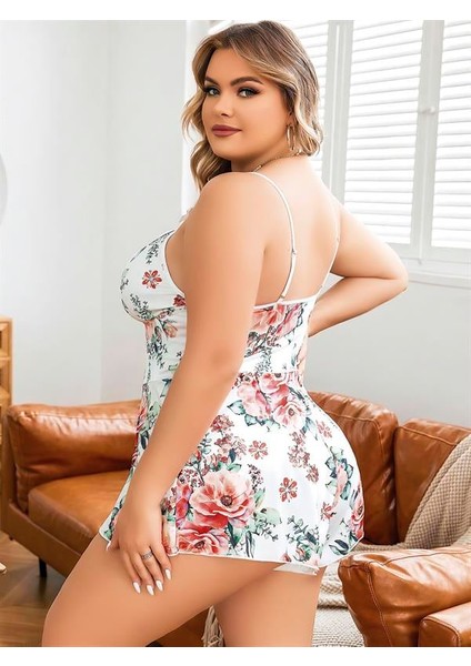 Arias Closet Büyük Beden Beyaz Üstüne Çiçek Desenli Dantel Işlemeli Ince Askılı Şort Gecelik modelleri
