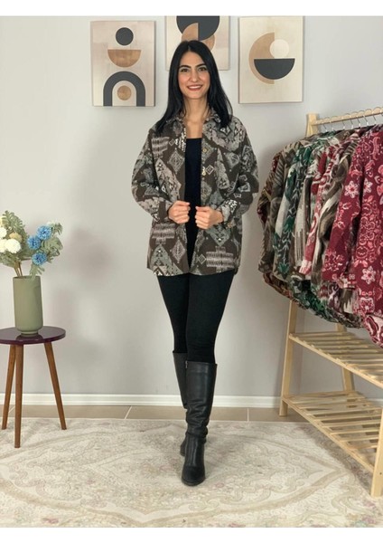 Kadın Tek Cepli Desenli Kalın Oduncu Ceket Gömlek (Kahve) Standar modelleri