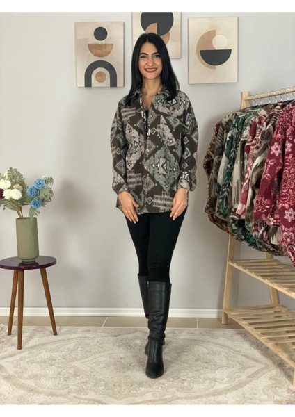 Kadın Tek Cepli Desenli Kalın Oduncu Ceket Gömlek (Kahve) Standar fırsatları