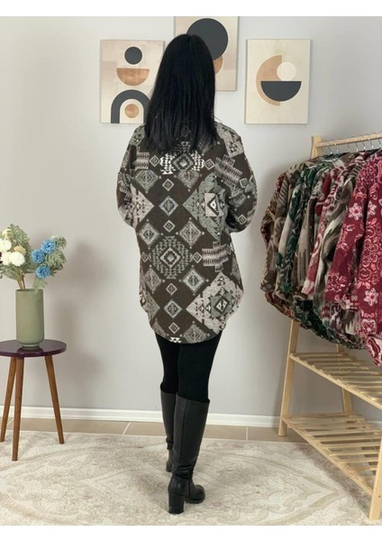 Kadın Tek Cepli Desenli Kalın Oduncu Ceket Gömlek (Kahve) Standar indirimleri