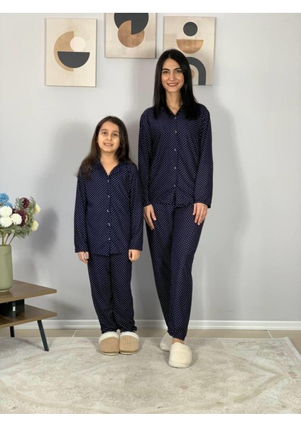 Anne Kız Kombin Önden Düğmeli Bebe Yaka %100 Pamuk Pijama Takımı