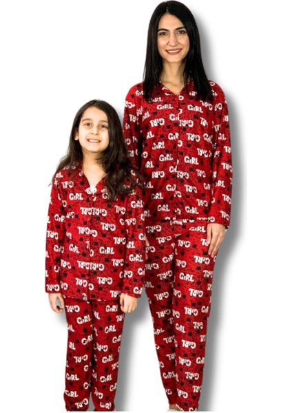 Anne Kız Kombin Önden Düğmeli Bebe Yaka %100 Pamuk Girl Desenli P indirimleri