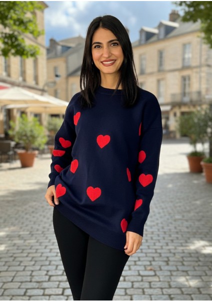 Kadın Bisiklet Yaka Kalpli Triko Kazak Lacivert M