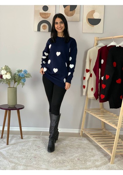 Kadın Bisiklet Yaka Kalpli Triko Kazak Lacivert M fırsatları