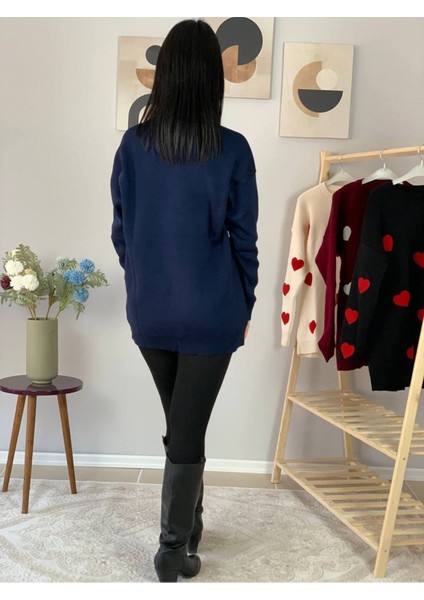 Kadın Bisiklet Yaka Kalpli Triko Kazak Lacivert M indirimleri