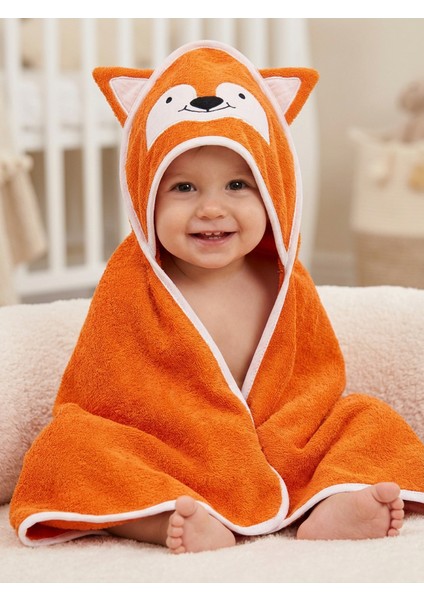 %100 Pamuk Tilki Nakışlı Bebek Havlu Kundak 75X75 cm Fox Turuncu
