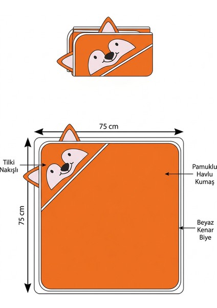 %100 Pamuk Tilki Nakışlı Bebek Havlu Kundak 75X75 cm Fox Turuncu modelleri