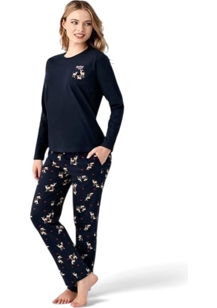 %100 Pamuk Geyik Desen Bayan Pijama Takım