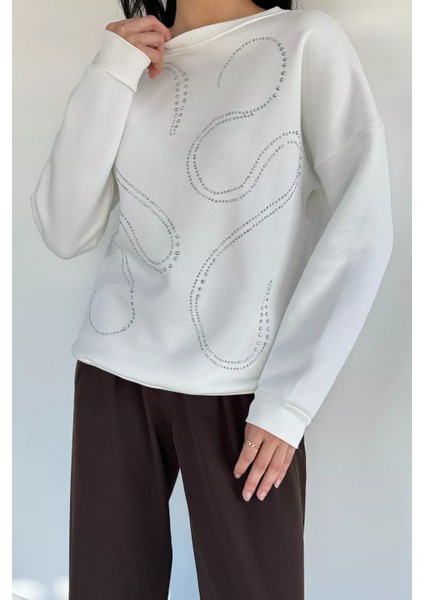 Kadın Taşlı Bisiklet Yaka Şardonlu Sweatshirt P-00019311