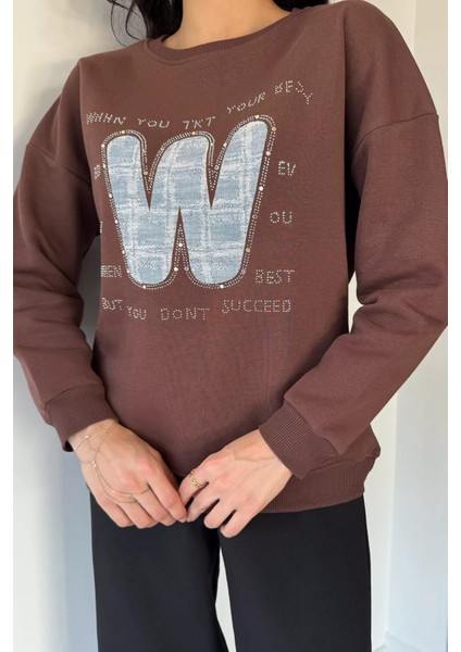 Kadın Bisiklet Yaka Taş Işlemeli Şardonlu Sweatshirt P-00019308 fiyatları