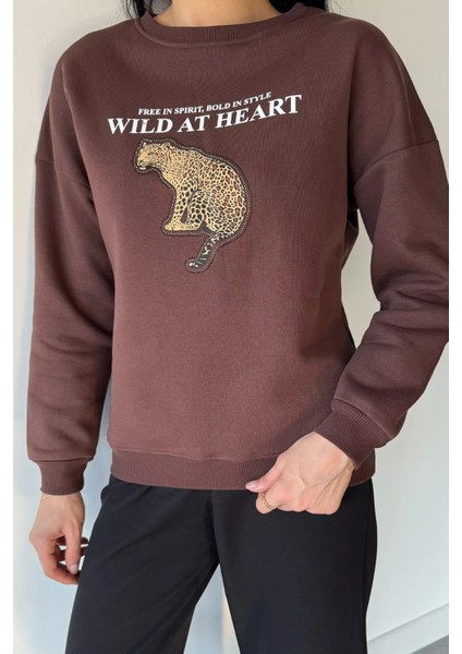 Kadın Bisiklet Yaka Baskılı Şardonlu Sweatshirt P-00019310