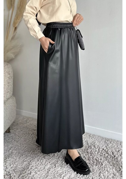 Bel Lastikli Cepli Deri Tesettür Etek P-00019336