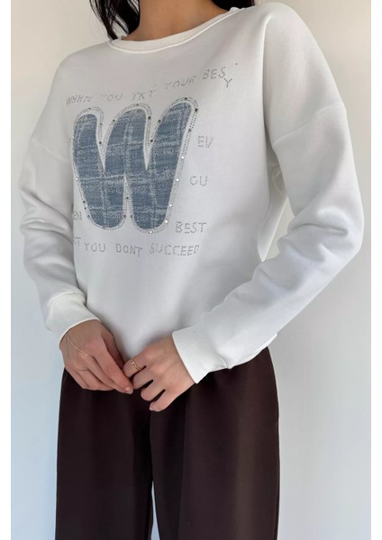 Kadın Bisiklet Yaka Taş Işlemeli Şardonlu Sweatshirt P-00019308