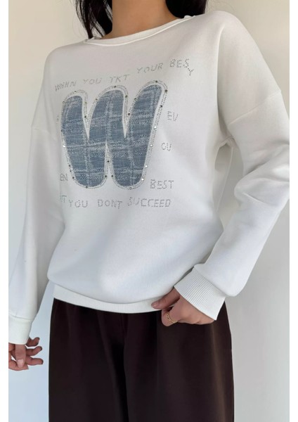 Kadın Bisiklet Yaka Taş Işlemeli Şardonlu Sweatshirt P-00019308 fiyatları