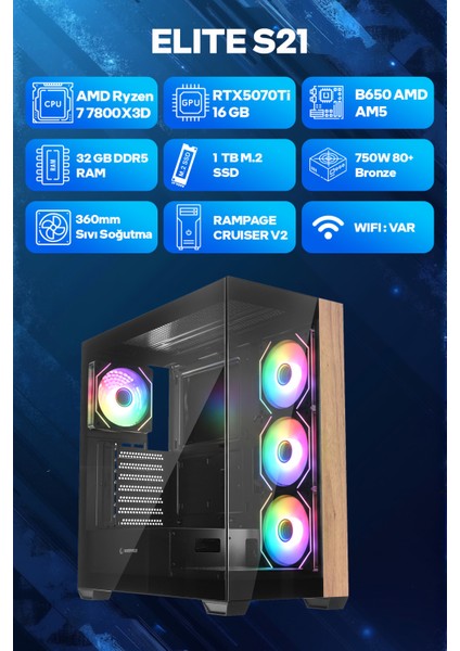 Elite S21 Amd Ryzen 7 7800X3D 32GB Ram 1tb SSD RTX5070TI 360MM Sıvı Soğutma Freedos Oyuncu Oem Paket