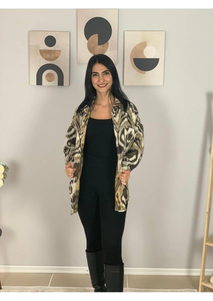 Kadın Tek Cepli Desenli Kalın Oduncu Ceket Gömlek (Hardal-Haki) S