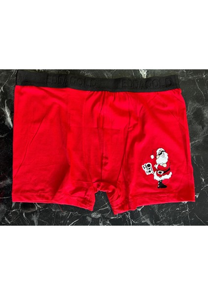 Yeni Yıl, Yılbaşı, Noel, Kırmızı Renkli, Geyikli, Noel Babalı, Desenli Erkek Boxer Hediye Paketli