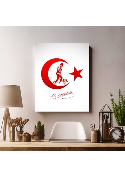 Kırmızı Ay Yıldız Bayrak ve Atatürk Imzalı Kanvas Tablo