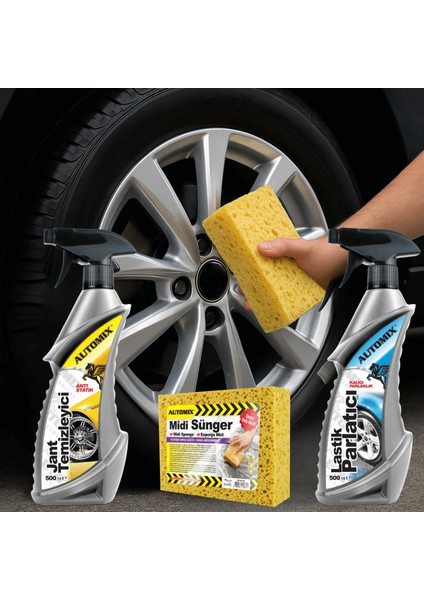 Jant Temizleyici + Lastik Parlatıcı + Midi Sünger 3’lü Araç Lastik Bakım Seti