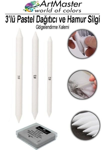 Gölgelendirme Kalemi Pastel Dağıtıcı 3 Lü 1 Paket ve 1 Adet Hamur Silgi Kalemi Kara Kalem Dağıtıcı Kalem Kaynaştırma