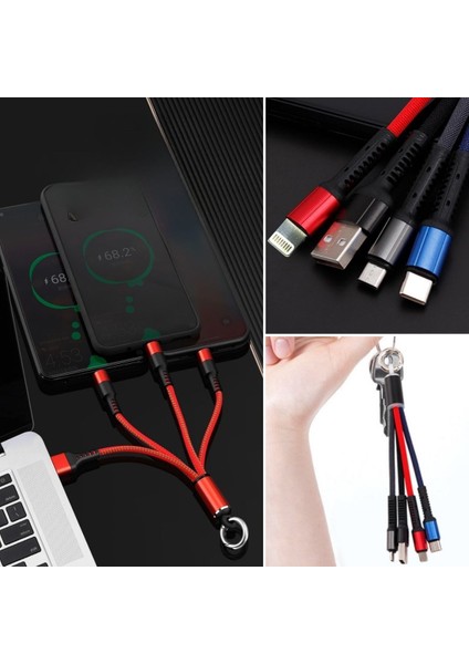 ® Işıklı Anahtarlık Model 3 In 1 USB Çıkışlı Mikro,type-C ve Iphone Uyumlu Şarj Kablosu fırsatları